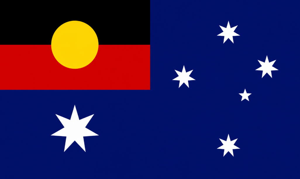Australian flag combining the Aboriginal flag with the Southern Cross and Commonwealth Star